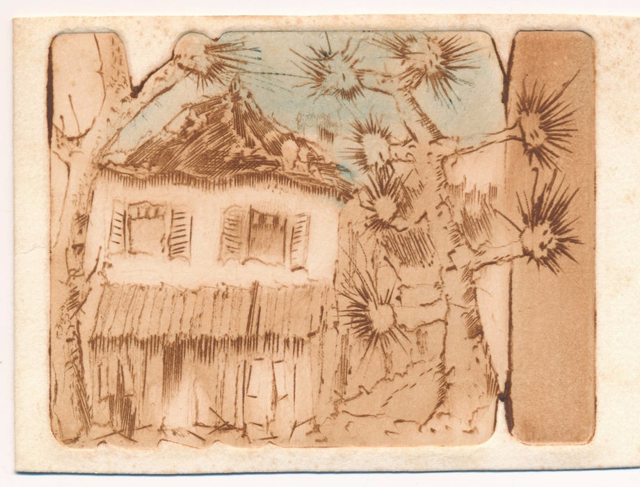 Claude Nicaud gravure eau forte et carte annonçant exposition