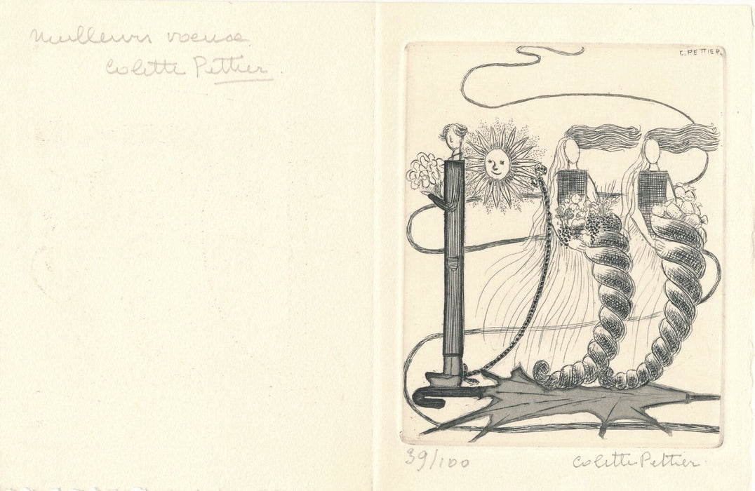 Colette PETTIER gravure signée numérotée voeux 1955 envoi autographe