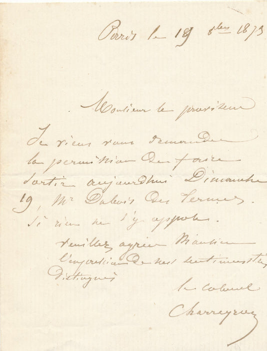 Colonel CHARREYRON militaire Général division à Melun billet autographe signé