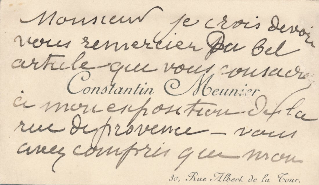Constantin MEUNIER belle carte autographe signée son art émotion pitié Descaves