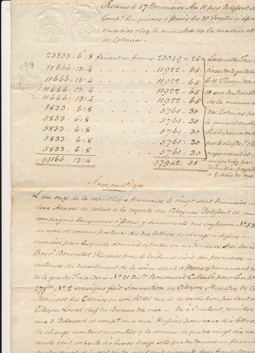 Acte d’huissier (1802) banque delessert Ministre guerre traites Guadeloupe 