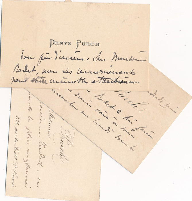 XIX-XXe s. Denys Puech 2 cartes de visite autographes à Georges Radet pour visite d'atelier