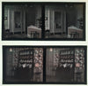 2 stéréo autochrome intérieur papier peint assiettes étagère v. 1910