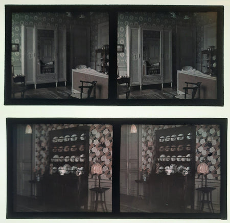 2 stéréo autochrome intérieur papier peint assiettes étagère v. 1910