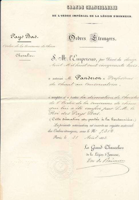 Duc  de Plaisance pièce signée autographge décoration Couronne chêne PANSERON
