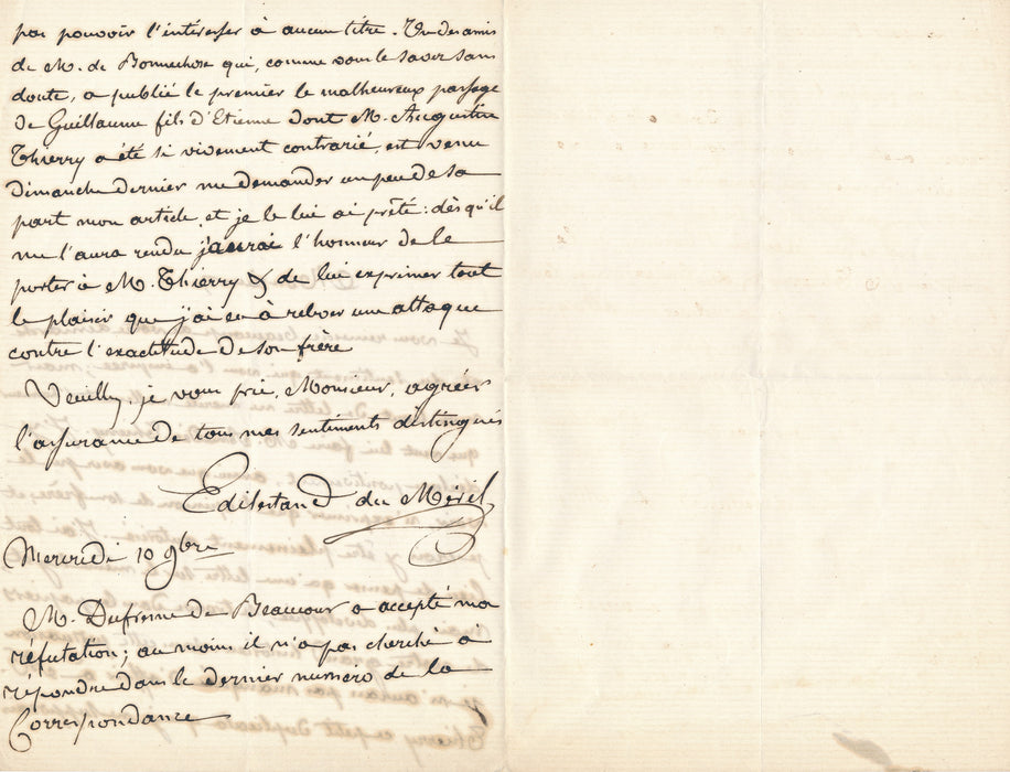 Édélestand du Méril 2 lettres autographes signées il prend partie dans un litige