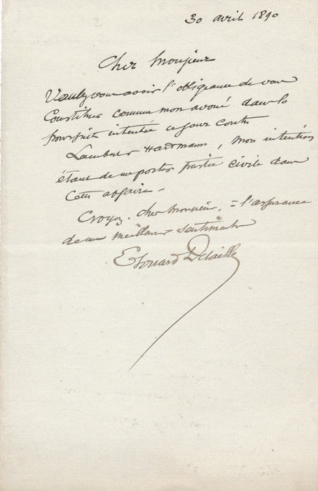 XIX-XXe s.  Edouard Detaille se constitue partie civile lettre autographe signée