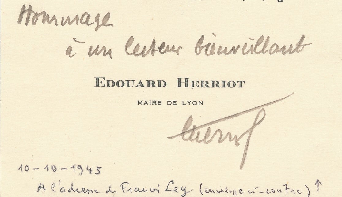 Edouard HERRIOT carte de visite autographe signée ET 2 photos argentiques époque