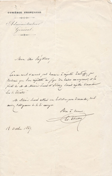 Comédie Française Edouard Thierry sur des répétitions de Tartuffe et Un baiser anonyme