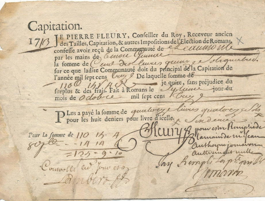 Capitation reçu par Jean-Pierre FLEURY receveur du Roi Romans Isère