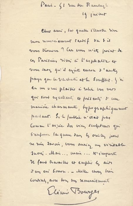 Élémir BOURGES la queue dans les oreilles ! lettre autographe signée