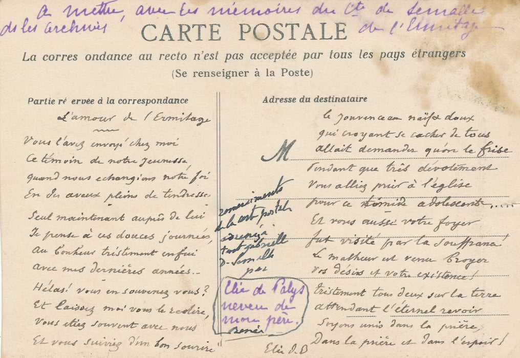 Elie DE PALYS écrivain poème autographe signée sur l'Ermitage Semallé Bretagne