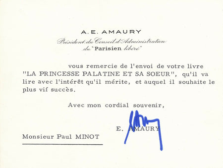 Émilien AMAURY Parisien Libéré carte signée Paul Minot princesse palatine
