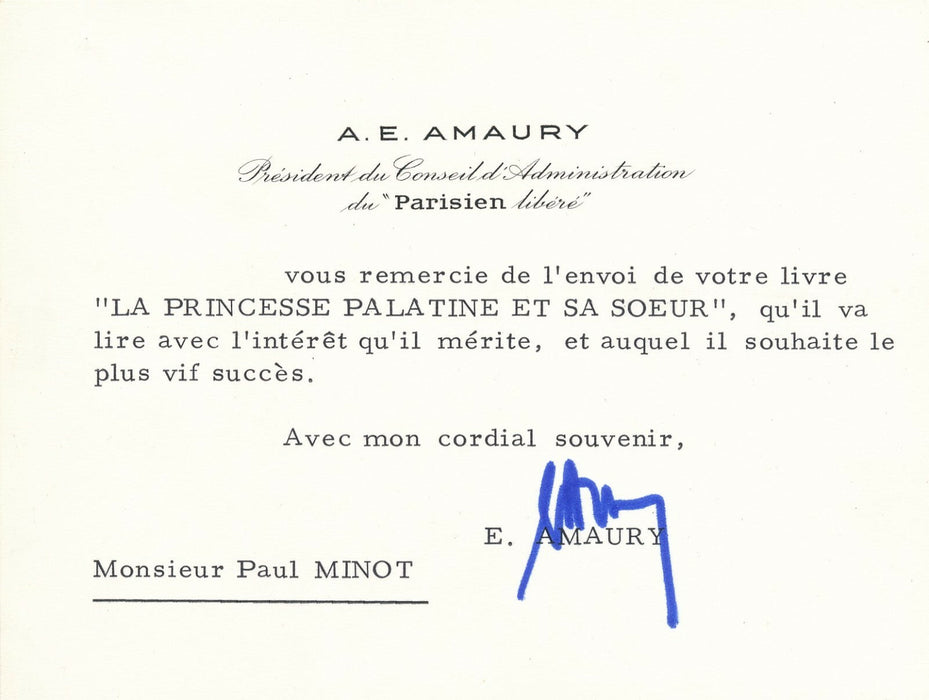 Émilien AMAURY Parisien Libéré carte signée Paul Minot princesse palatine