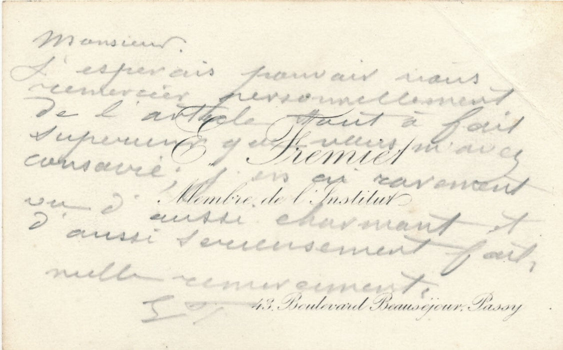 Emmanuel FREMIET carte autographe signée un article surprenant !