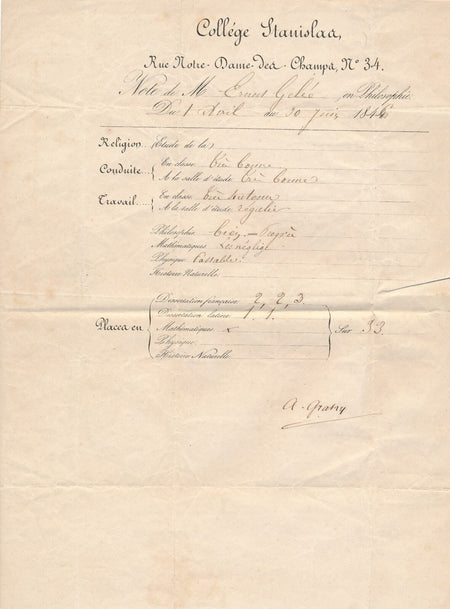  collège Stanislas bulletin 1846 signé autographe ab. Joseph Gratry
