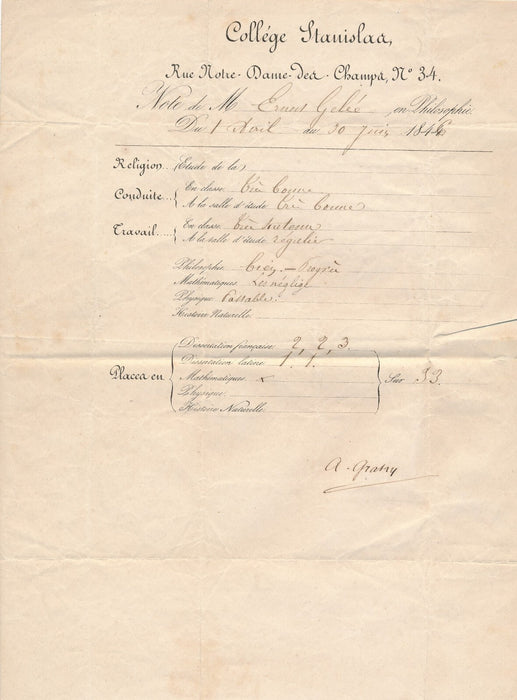  collège Stanislas bulletin 1846 signé autographe ab. Joseph Gratry
