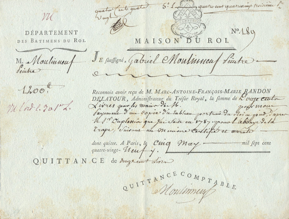 XVIIIe s. Étienne Moulinneuf reçu signé 1789 copie du tableau portrait du roi XVI