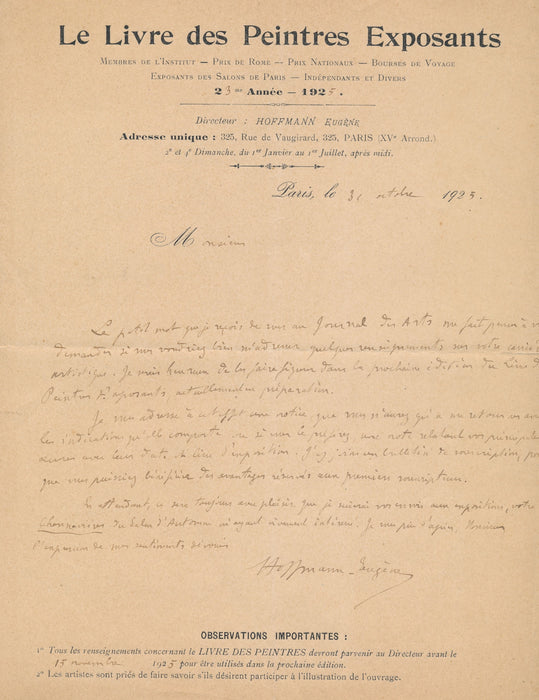 Eugene Hoffmann rare lettre autographe sur "les peintres exposants"