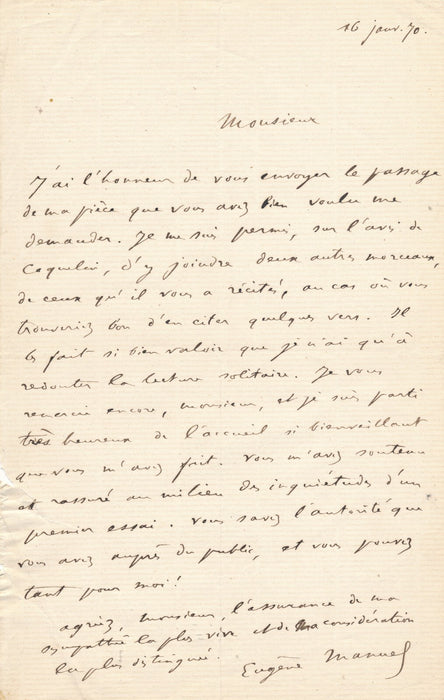Eugène MANUEL à Paul Hervieu envoie des passages de sa pièce