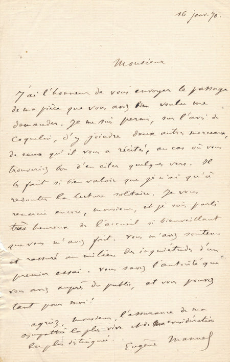 Eugène MANUEL à Paul Hervieu envoie des passages de sa pièce