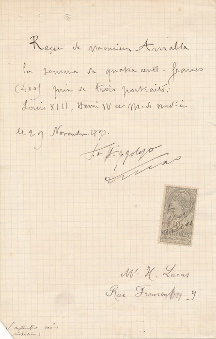 Félix Hippolyte LUCAS (1852-1925), peintre reçu autographe pour un décor