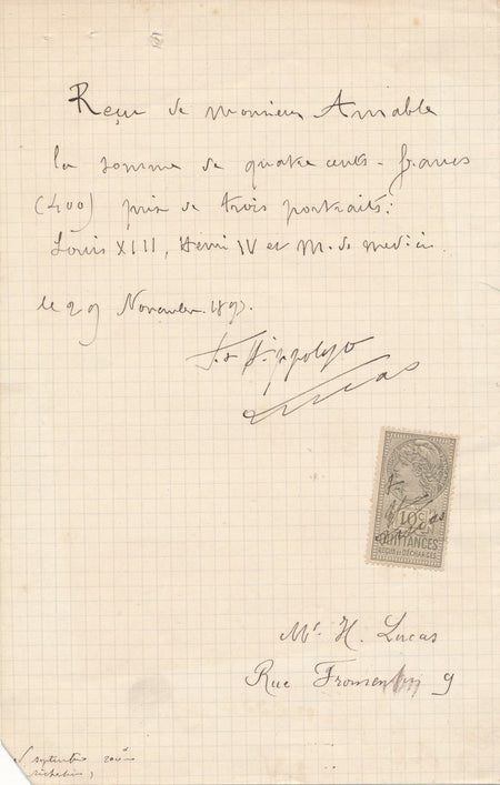Félix Hippolyte LUCAS (1852-1925), peintre reçu autographe pour un décor
