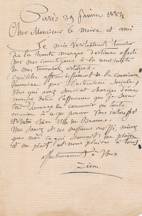 Félix Ziem sa ville Beaune et son maire Paul Bouchard lettre autographe signée