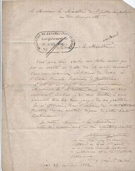 art François Victor Eloi Biennourry remercie ministre pour poste ecole dessin