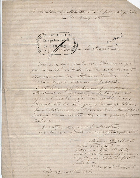 art François Victor Eloi Biennourry remercie ministre pour poste ecole dessin