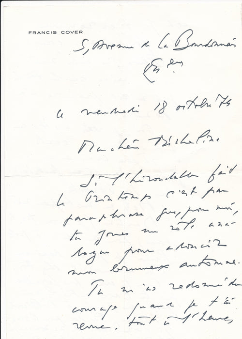 Francis COVER est mis sur la touche lettre autographe signée chanson