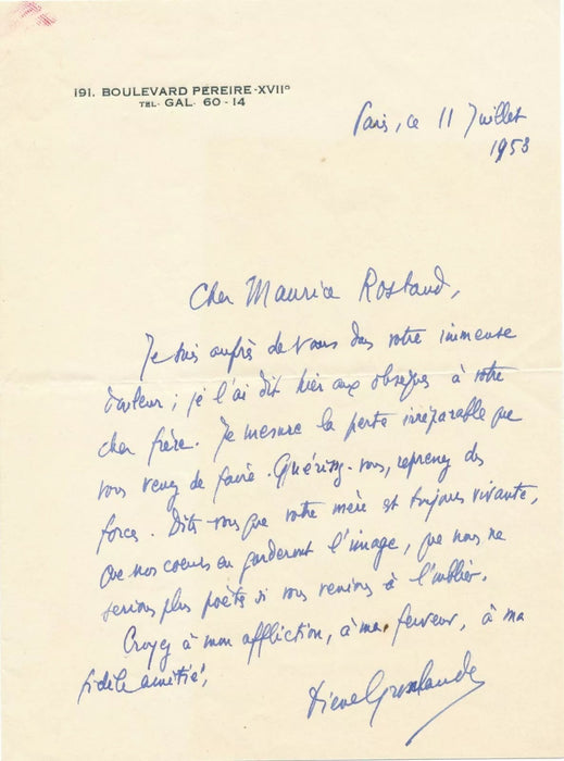 Pierre GROSCLAUDE belle lettre de condoléances autographe singée Rostand