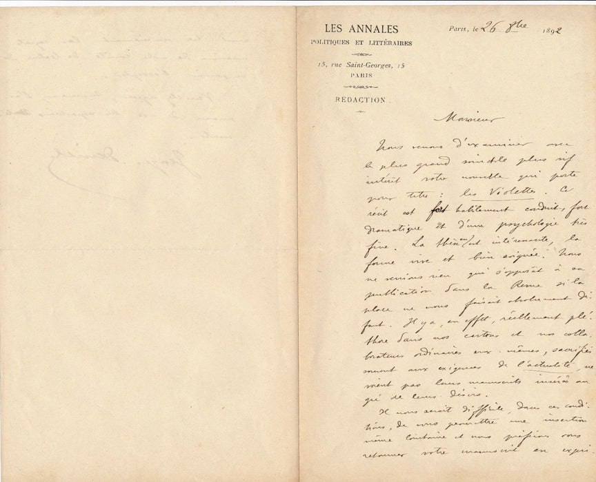 Georges Derville Annales politiques autographe signée Nathalie Blanchet 1892