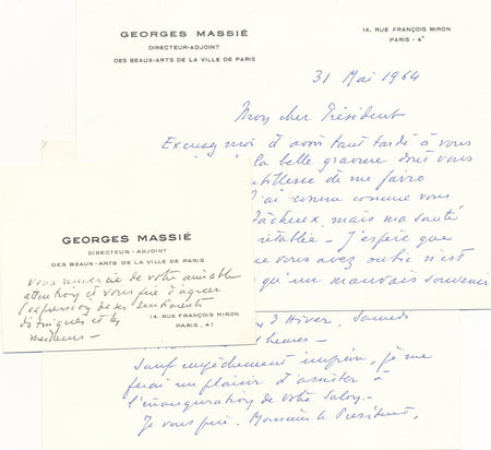 peintre Georges MASSIÉ 3 carte autographe signée au graveur DANIEL-GIRARD
