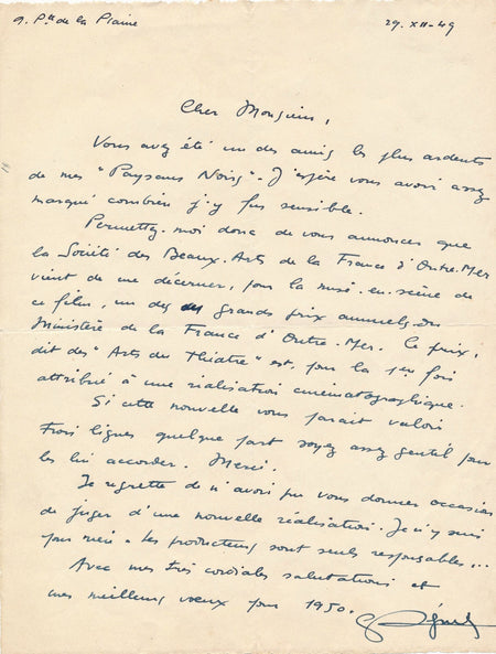 Cinéma Georges Régnier Regnier films 2 autographes signée Paysans noirs