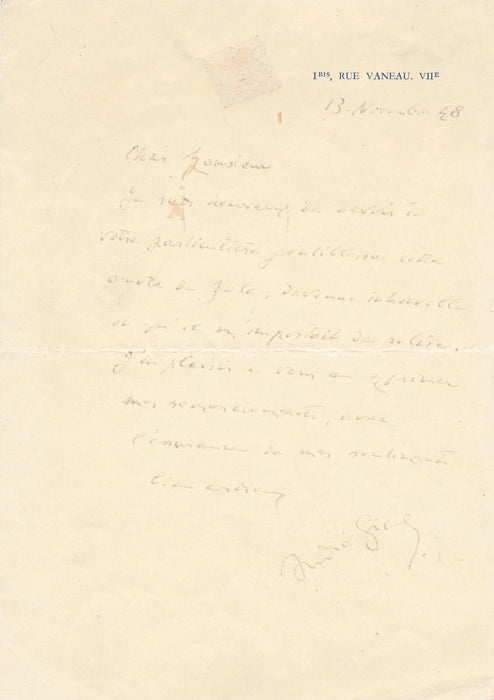 André Gide relit Zola lettre autographe signée écrivain