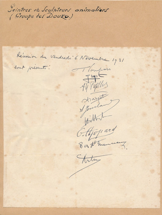 Peintres sculpteur animaliers Groupe des 12 9 signatures autographes