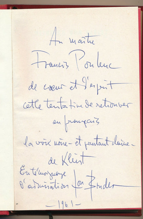 Heinrich von KLEIST Lou Bruder envoi autographe à Francis POULENC