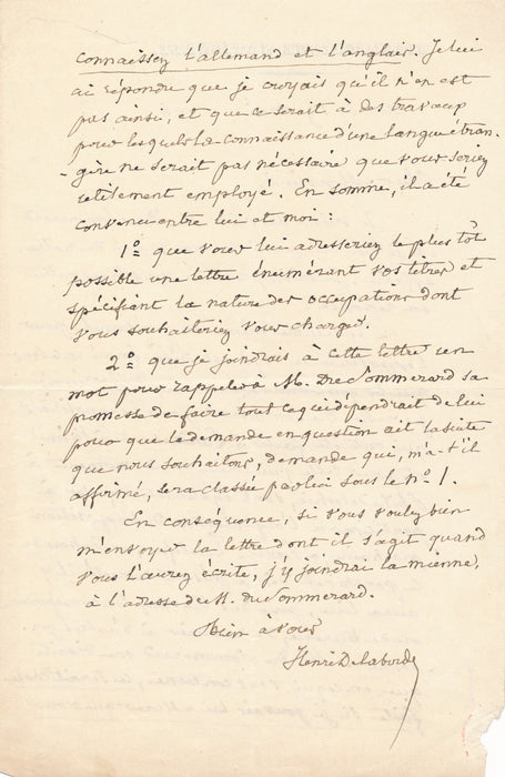 Henri Laborde : l'organistion de l'Exposition universelle 1878 du Sommerard lettre autographe
