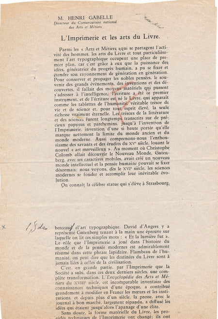 Henri Gabelle texte corrections autographes imprimerie arts du livre CNAM