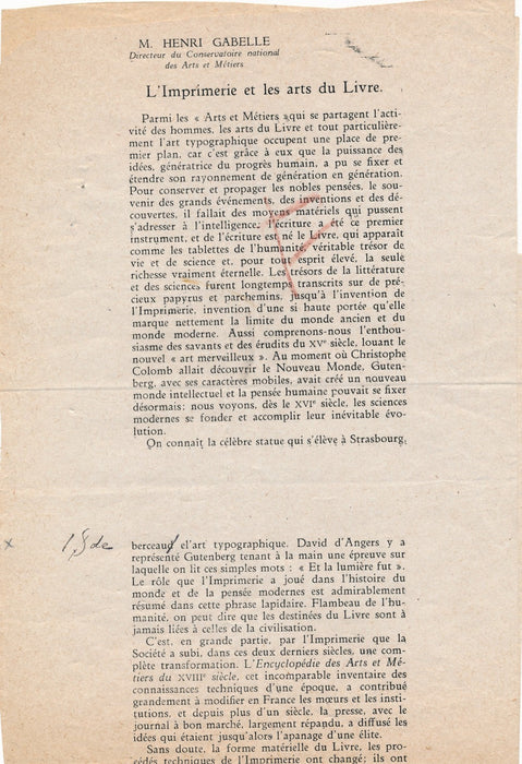 Henri Gabelle texte corrections autographes imprimerie arts du livre CNAM
