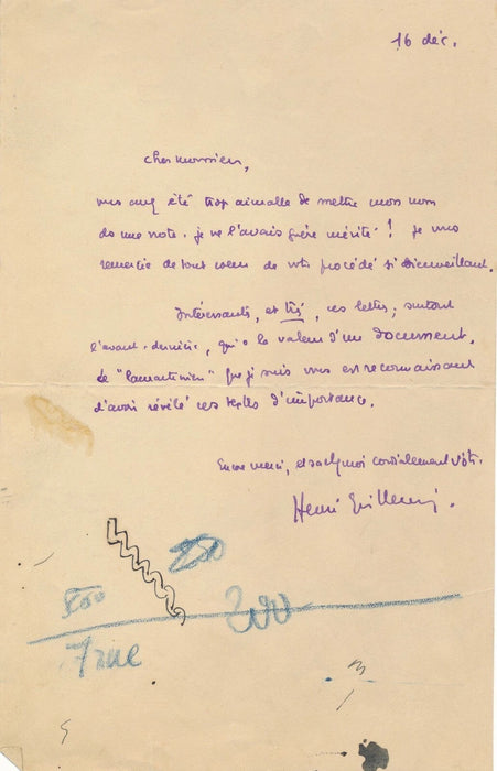Henri GUILLEMIN lamartine lettre autographe signée remerciement pour note
