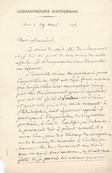 Henri Laborde : l'organistion de l'Exposition universelle 1878 du Sommerard lettre autographe