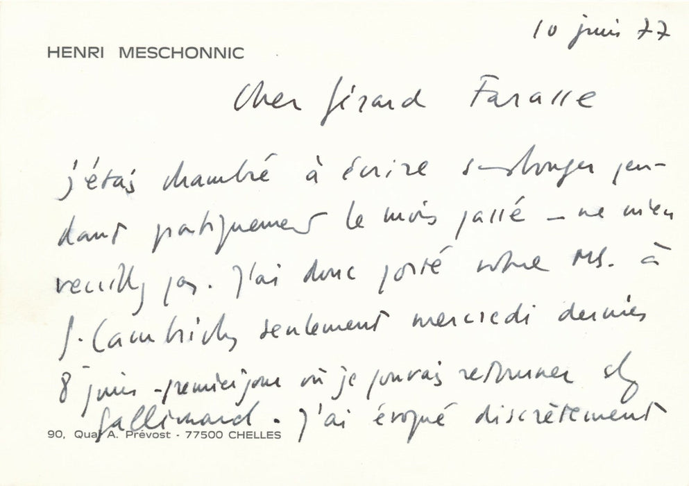 Henri MESCHONNIC linguiste carte autographe signée poète Farasse F. PONGE
