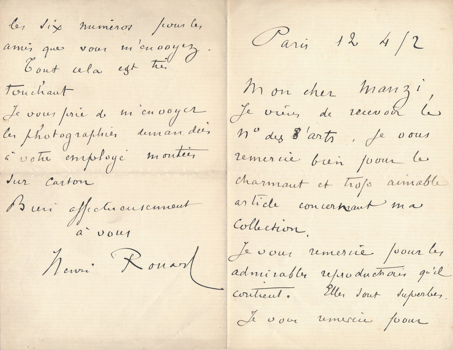 XIXe-XXe s. Henri ROUART collection collectionneur musée marchand Manzi lettre autographe