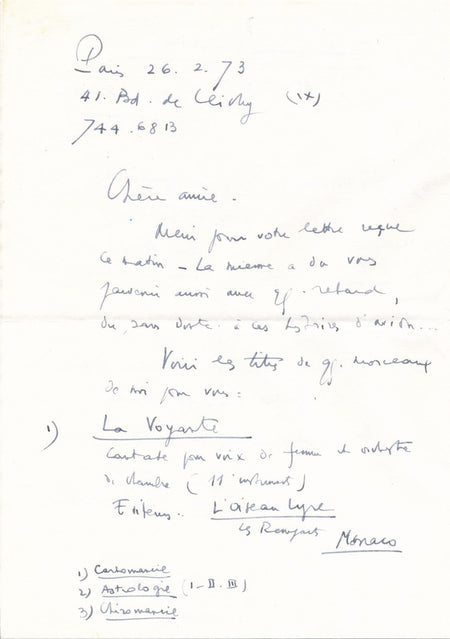 Henri SAUGUET compositeur lettre à Anahit FONTANA  Voyante poèmes de Schiller