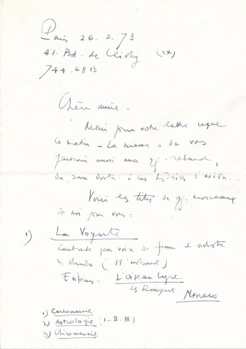 Henri SAUGUET compositeur lettre à Anahit FONTANA  Voyante poèmes de Schiller