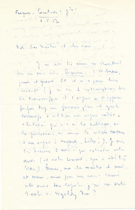 Henri SAUGUET lettre autographe signée à INGHELBRECHT Requiem : c'est beau !