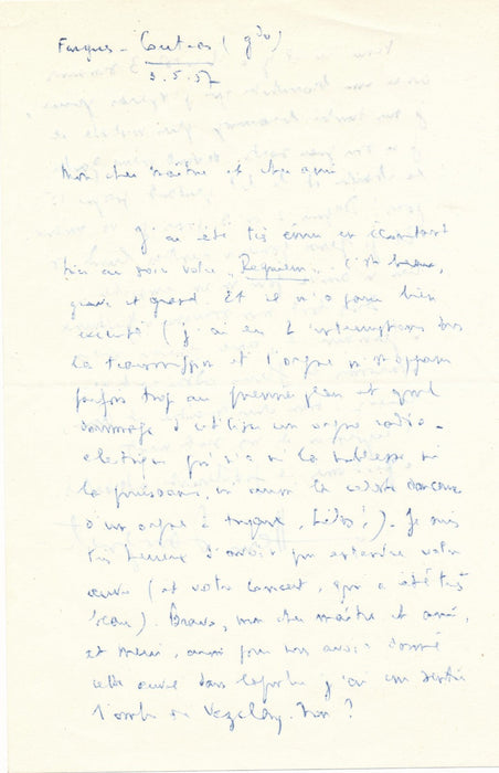 Henri SAUGUET lettre autographe signée à INGHELBRECHT Requiem : c'est beau !