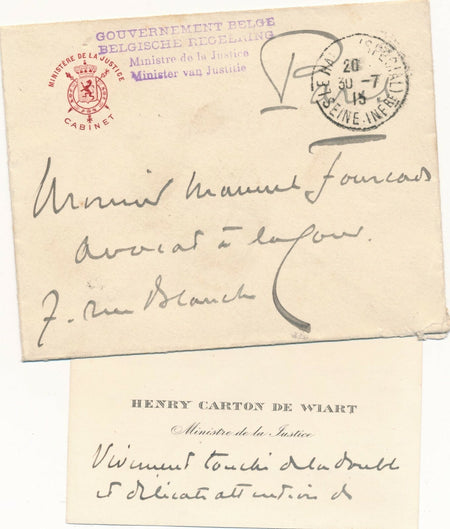 Belgique Henry CARTON DE WIART carte autographe enveloppe à avocat Fourcade